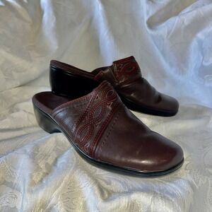 Clarks Bendables Brown Leather Mules Laser Cut Clog Shoes 10M